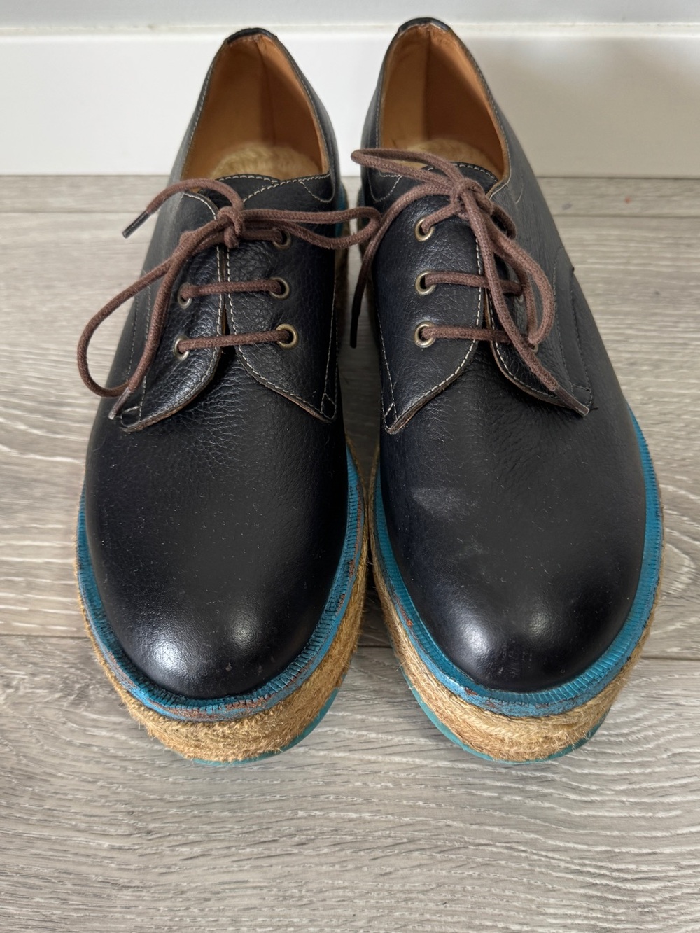 John Fluevog Espadrille Martin Platform Oxfords Black Leather Sz 6 Rare - Picture 3 of 11